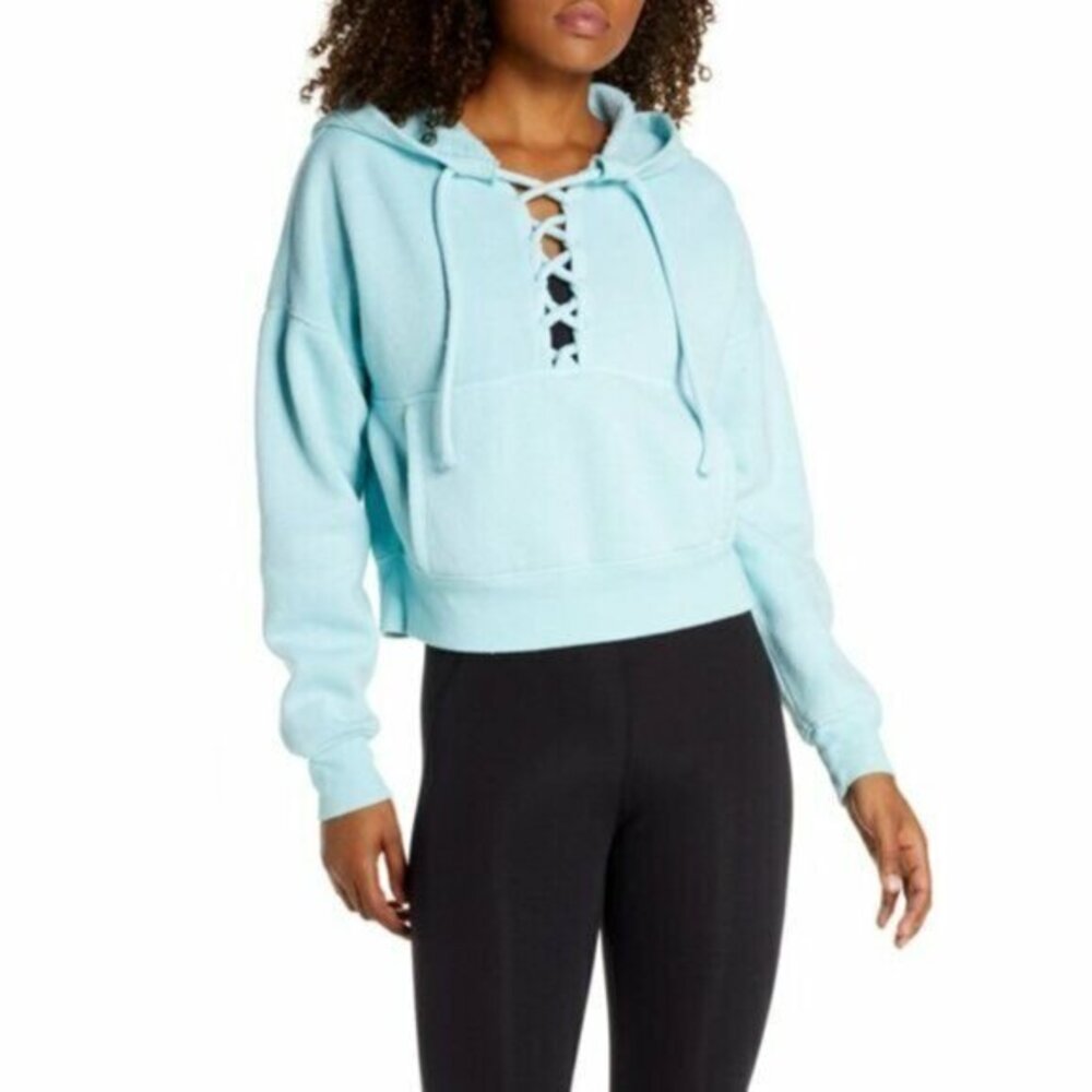 Free People FP Movement Believe It Lace Up Hoodie Light Blue SZ S NWT